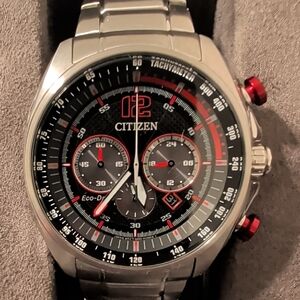 Citizen Silver Chronograph with Black and Red Accents